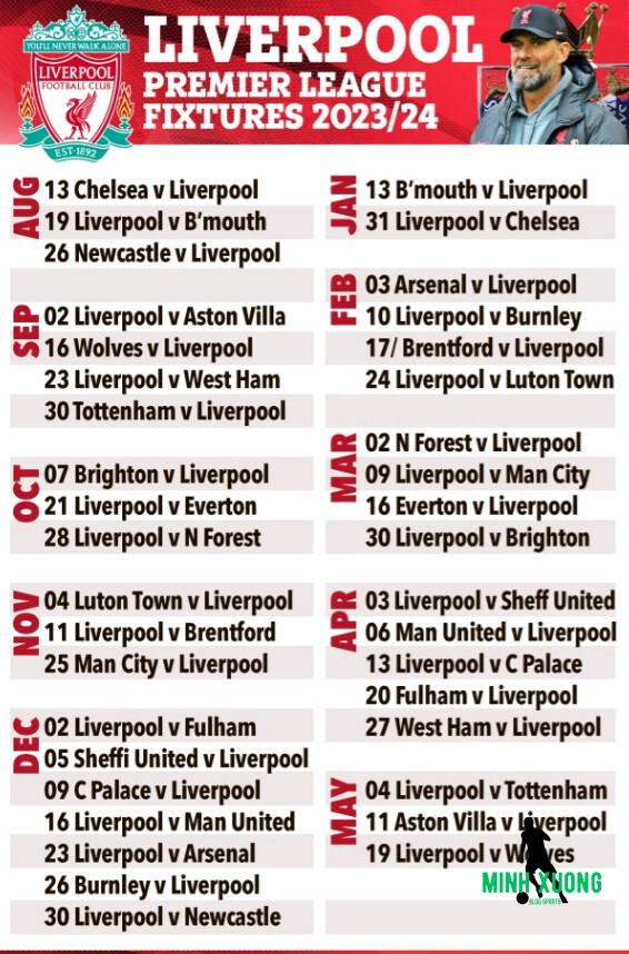 Lịch thi đấu của Liverpool tại Ngoại hạng Anh mới nhất
